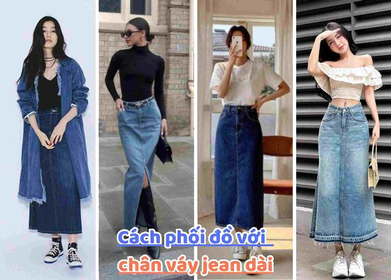 Chân váy jean dài xẻ tà phối áo croptop gợi cảm